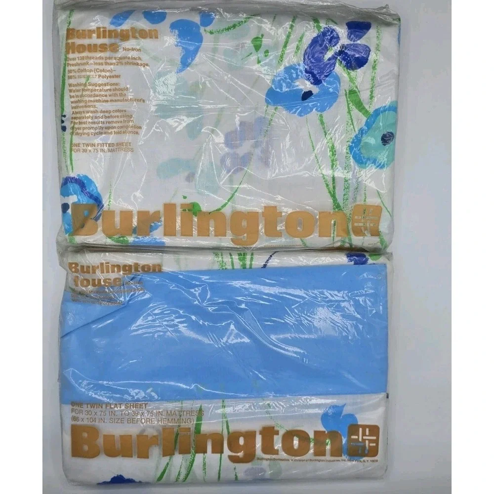 2 Set Vtg NIP Burlington Floral Twin Flat Sheet & Fitted - Blue & Green 1970s‎